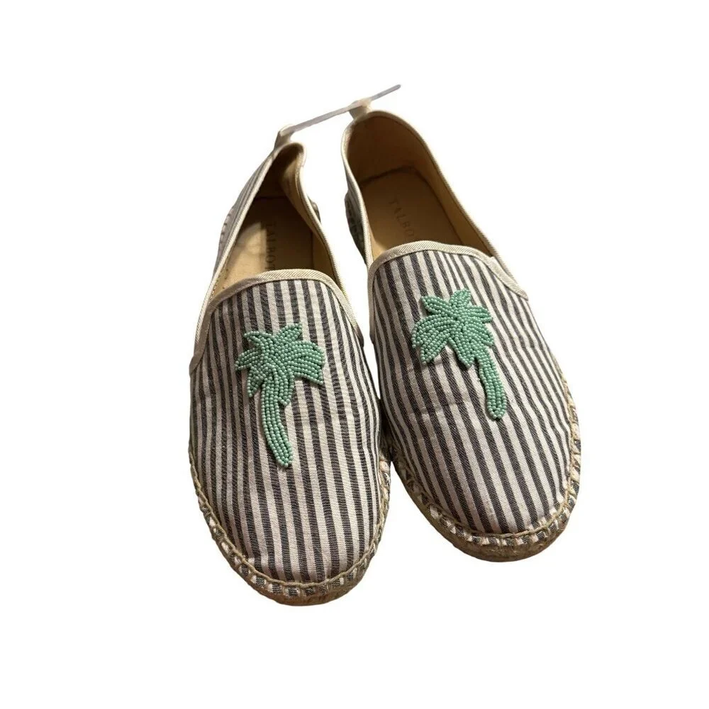 Talbots Womens Striped Espadrille Flats With Green Beaded Palm Tree Design Size